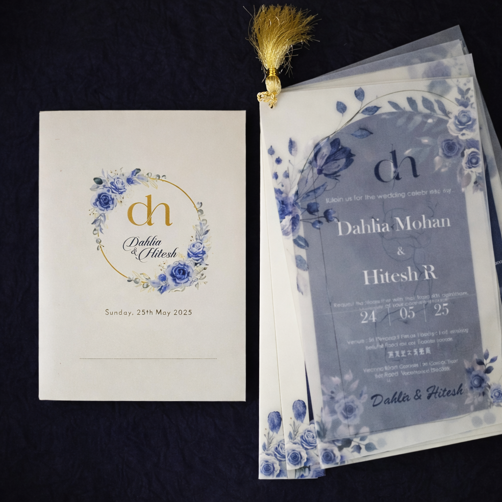 Blue Floral Monogram Wedding Invitation with Vellum Overlay & Tassel Binding