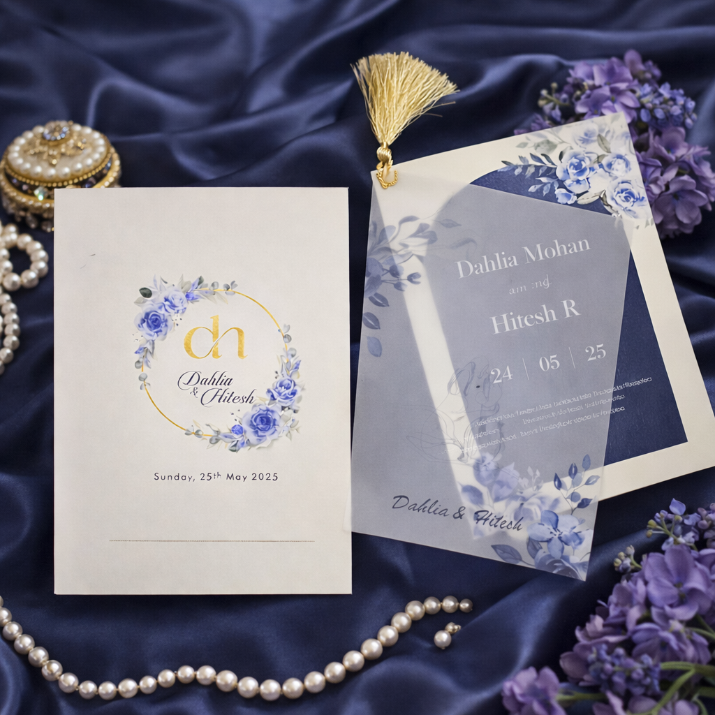 Blue Floral Monogram Wedding Invitation with Vellum Overlay & Tassel Binding Hero Image