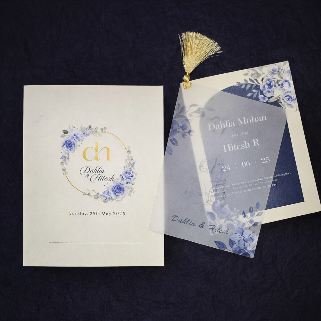 Blue Floral Monogram Wedding Invitation with Vellum Overlay & Tassel Binding