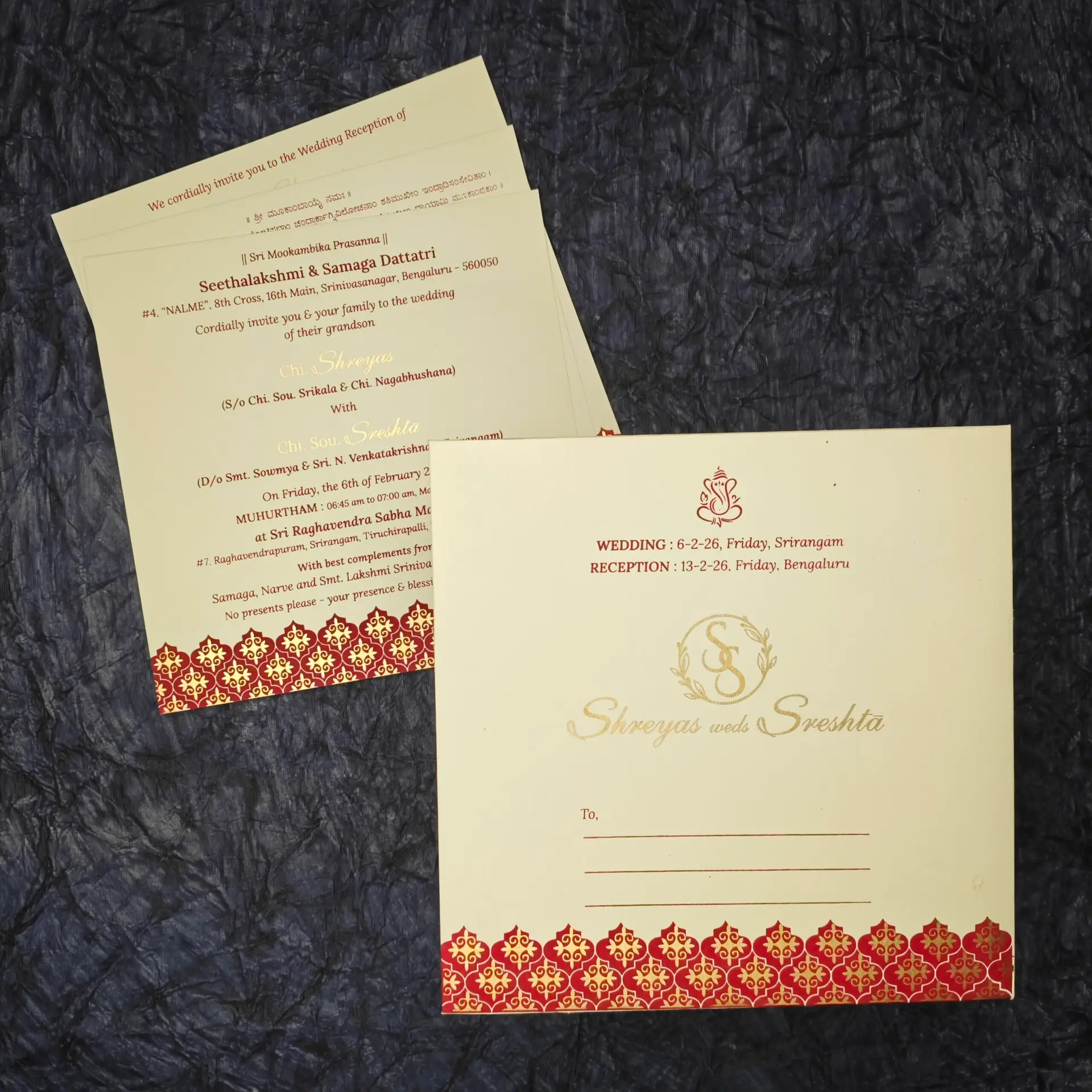 Classic Cream & Maroon Wedding Invitation – Gold Foil Monogram Edition