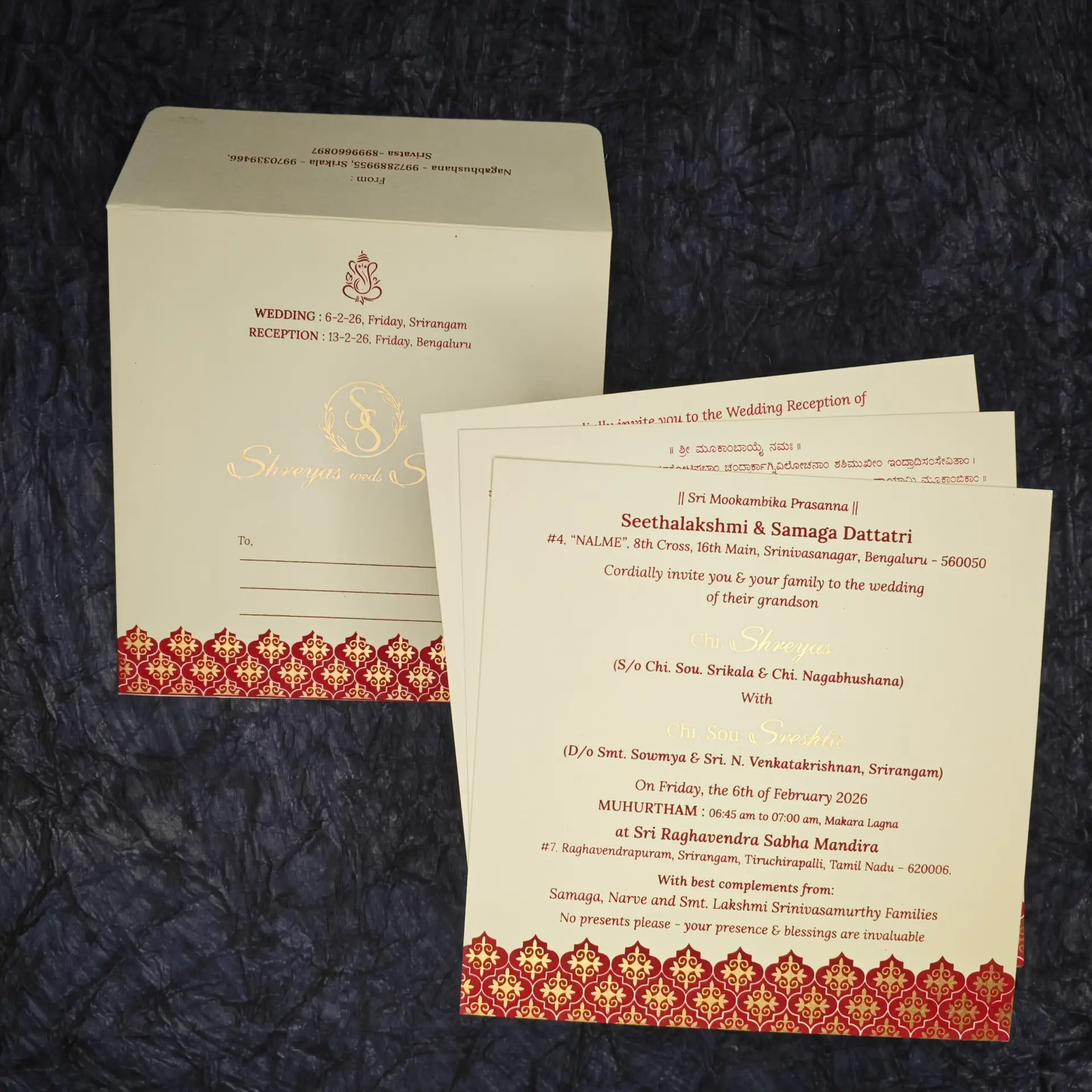 Classic Cream & Maroon Wedding Invitation – Gold Foil Monogram Edition
