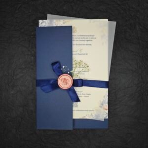 Navy Blue Floral Wedding Invitation with Satin Ribbon & Wax Seal – Coastal Elegance Edition