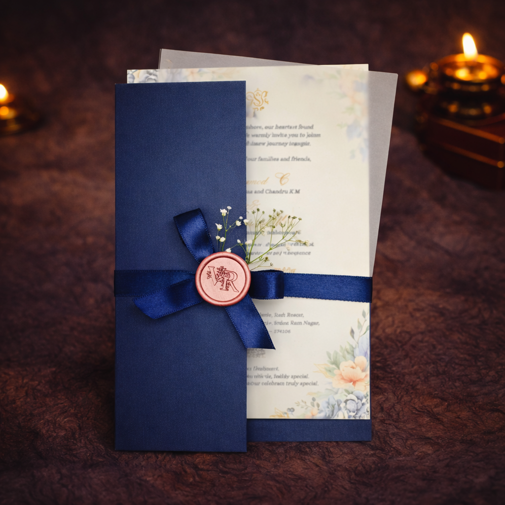 Navy Blue Floral Wedding Invitation with Satin Ribbon & Wax Seal – Coastal Elegance Edition