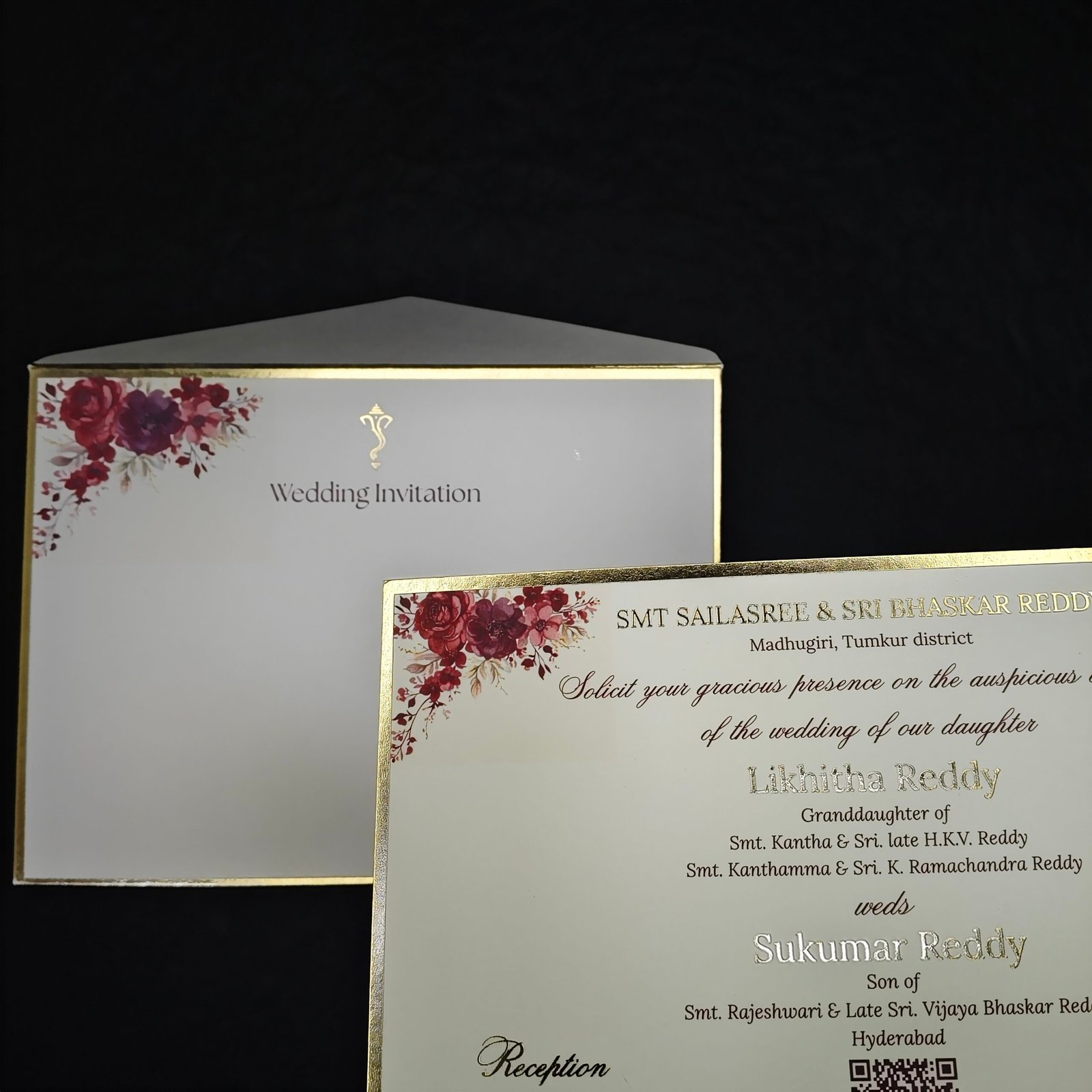 Royal Burgundy Floral Box Wedding Invitation with Gold Foil & Rigid Presentation Case