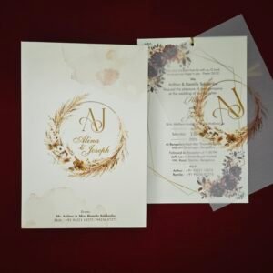 Burgundy Floral Christian Wedding Invitation with Vellum Overlay & Gold Geometric Frame