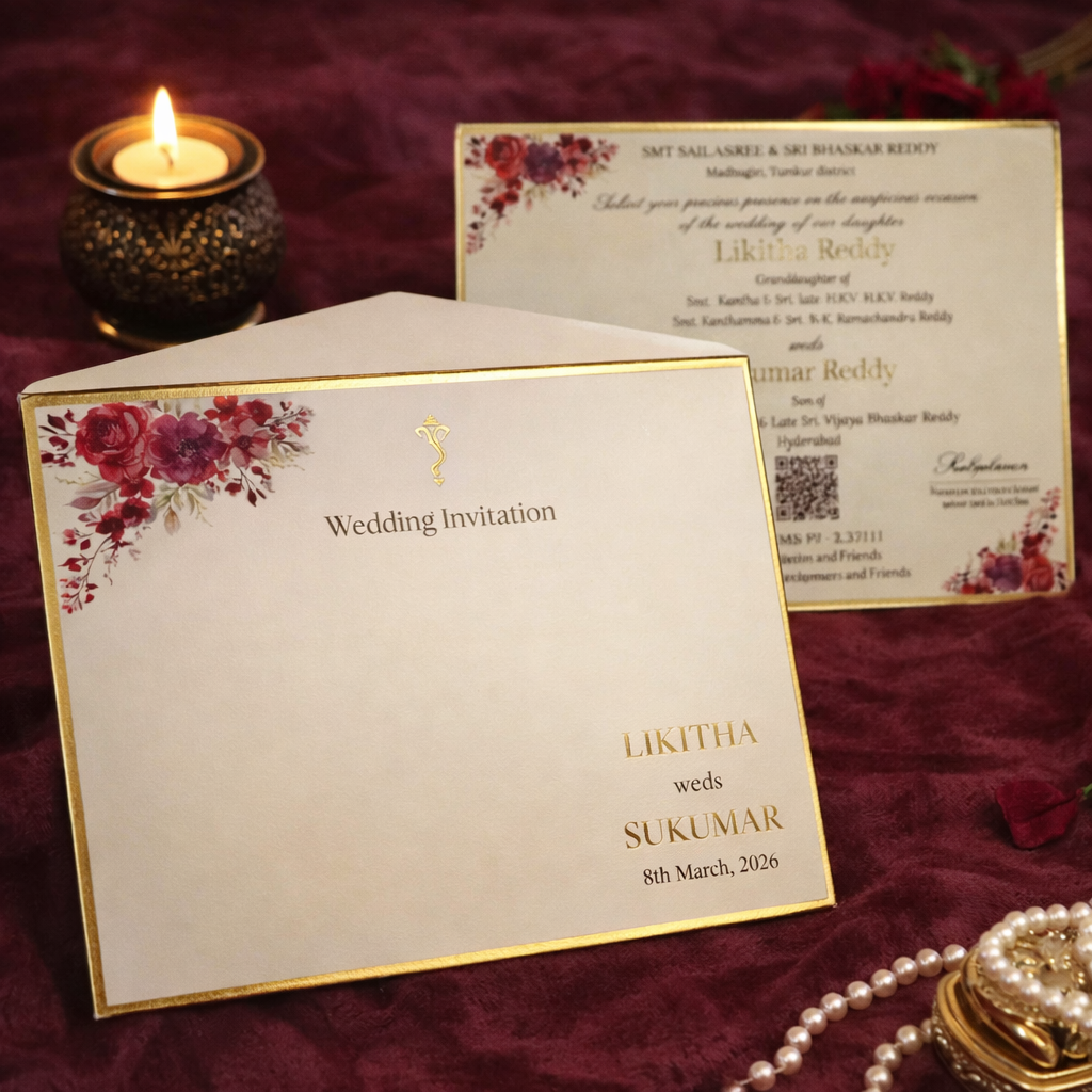 Royal Burgundy Floral Box Wedding Invitation with Gold Foil & Rigid Presentation Case