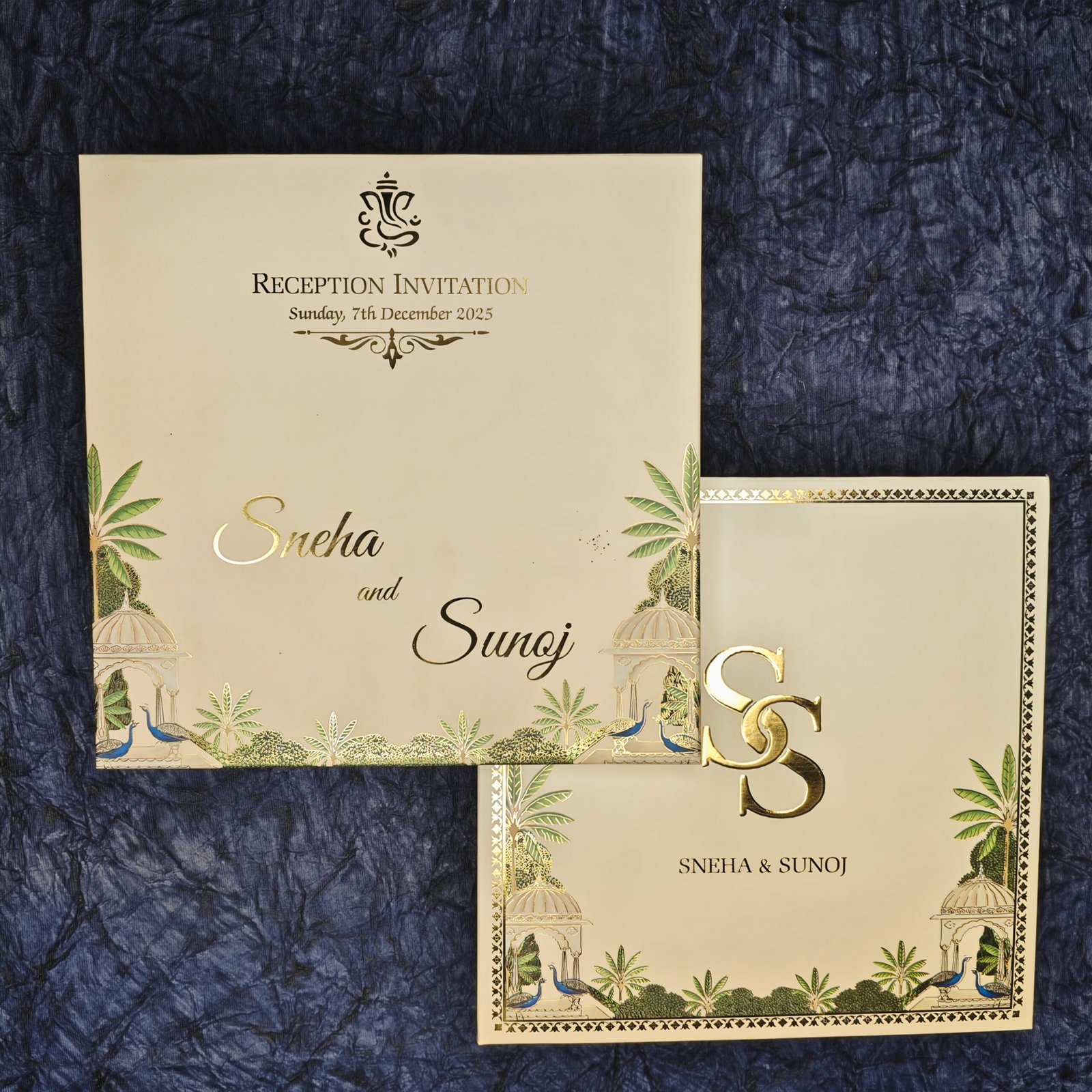 Royal Peacock Garden Wedding Invitation – Gold Foil Monogram Edition