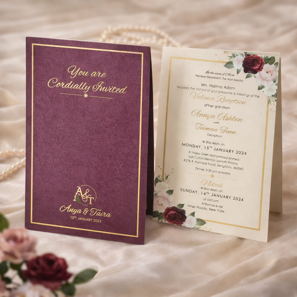 Burgundy & Gold Walima Invitation with Luxe Foil Detailing – Royal Festive Edition