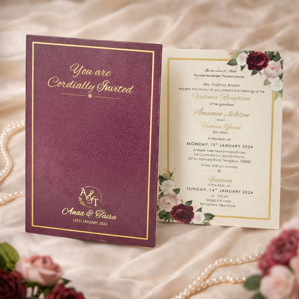 Burgundy & Gold Walima Invitation with Luxe Foil Detailing – Royal Festive Edition