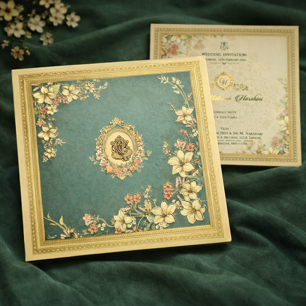 Divine Ganesh Vintage Floral Wedding Invitation Box with Premium Rigid Case – Heritage Blessings Edition 1