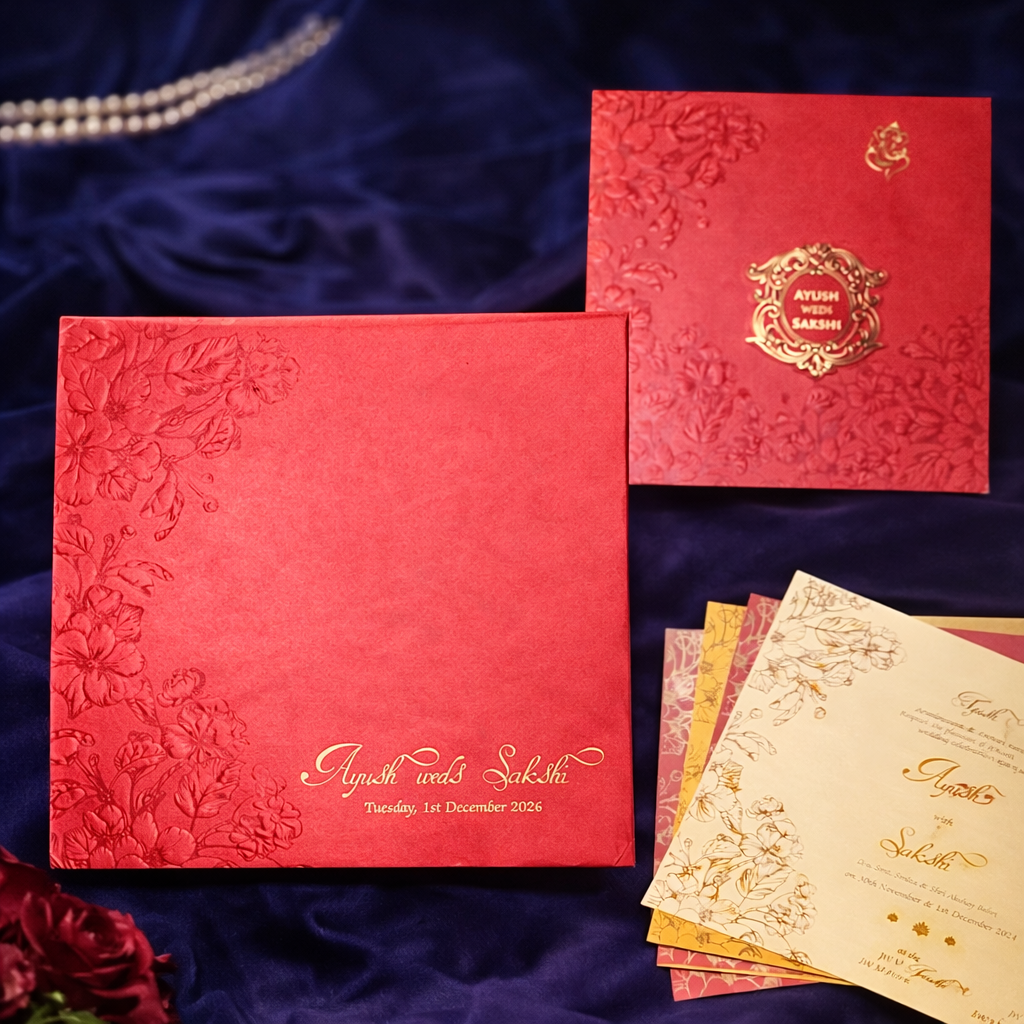 Royal Red Square Sleeve Wedding Invitation with Structured Inserts – Signature Edition