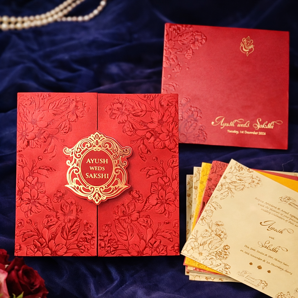 Royal Red Square Sleeve Wedding Invitation with Structured Inserts – Signature Edition