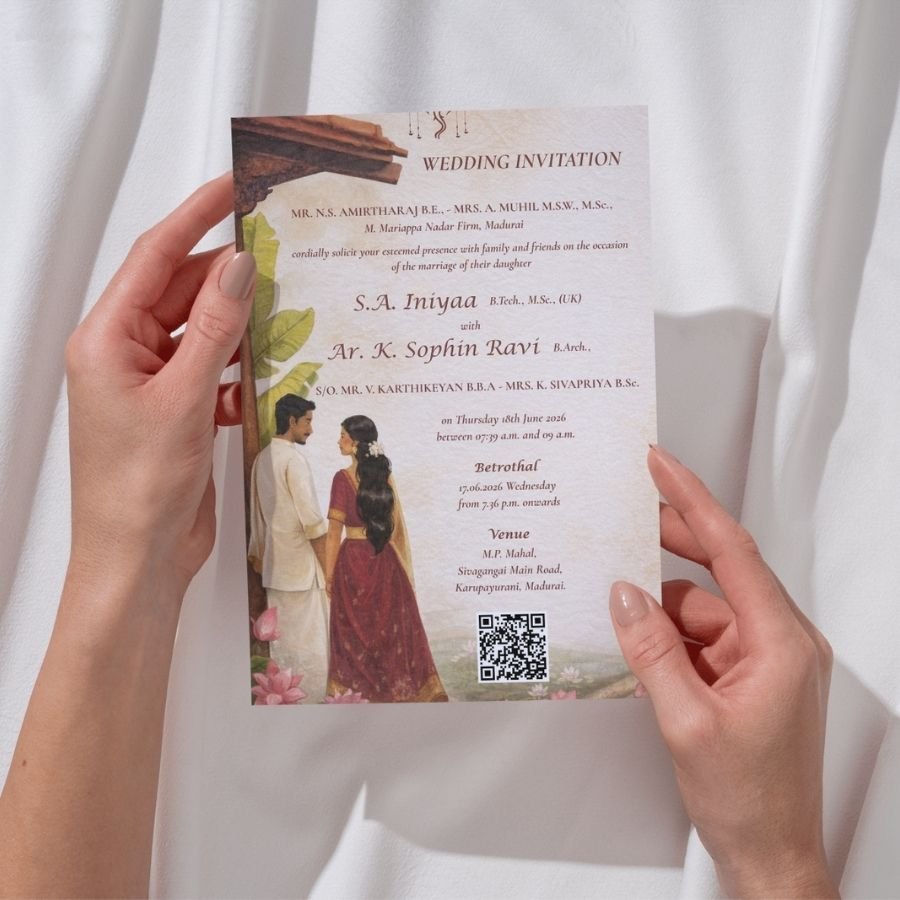 Couple Illustration Wedding Invitation with Vellum Overlay