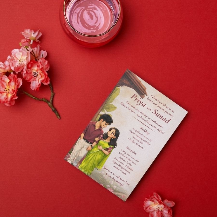 Couple Illustration Wedding Invitation with Vellum Overlay