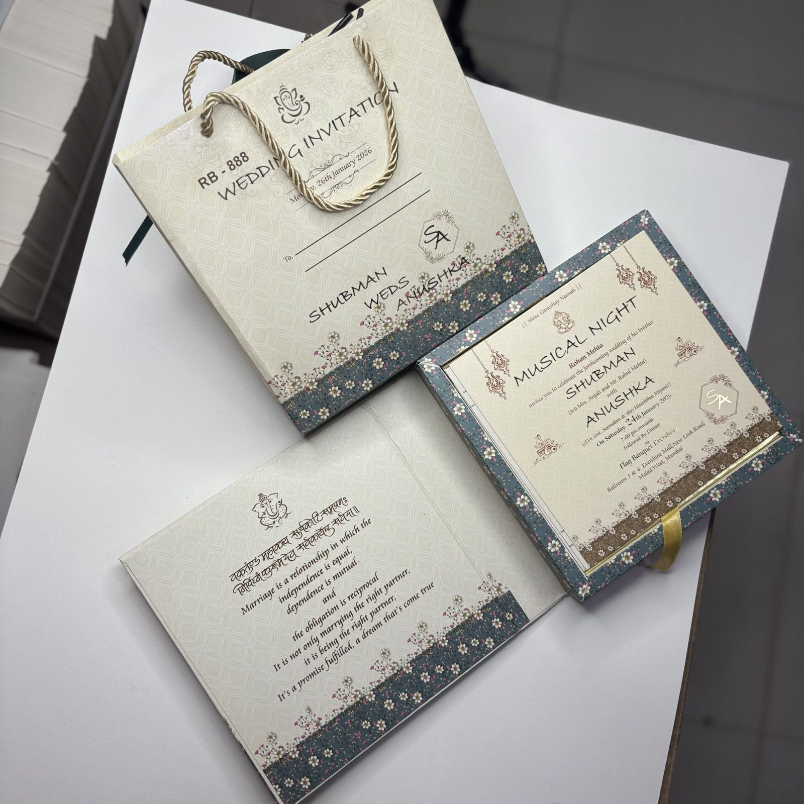 Modern Invitation Box Set with Multi Inserts & Carry Bag – Elegant Floral Collection