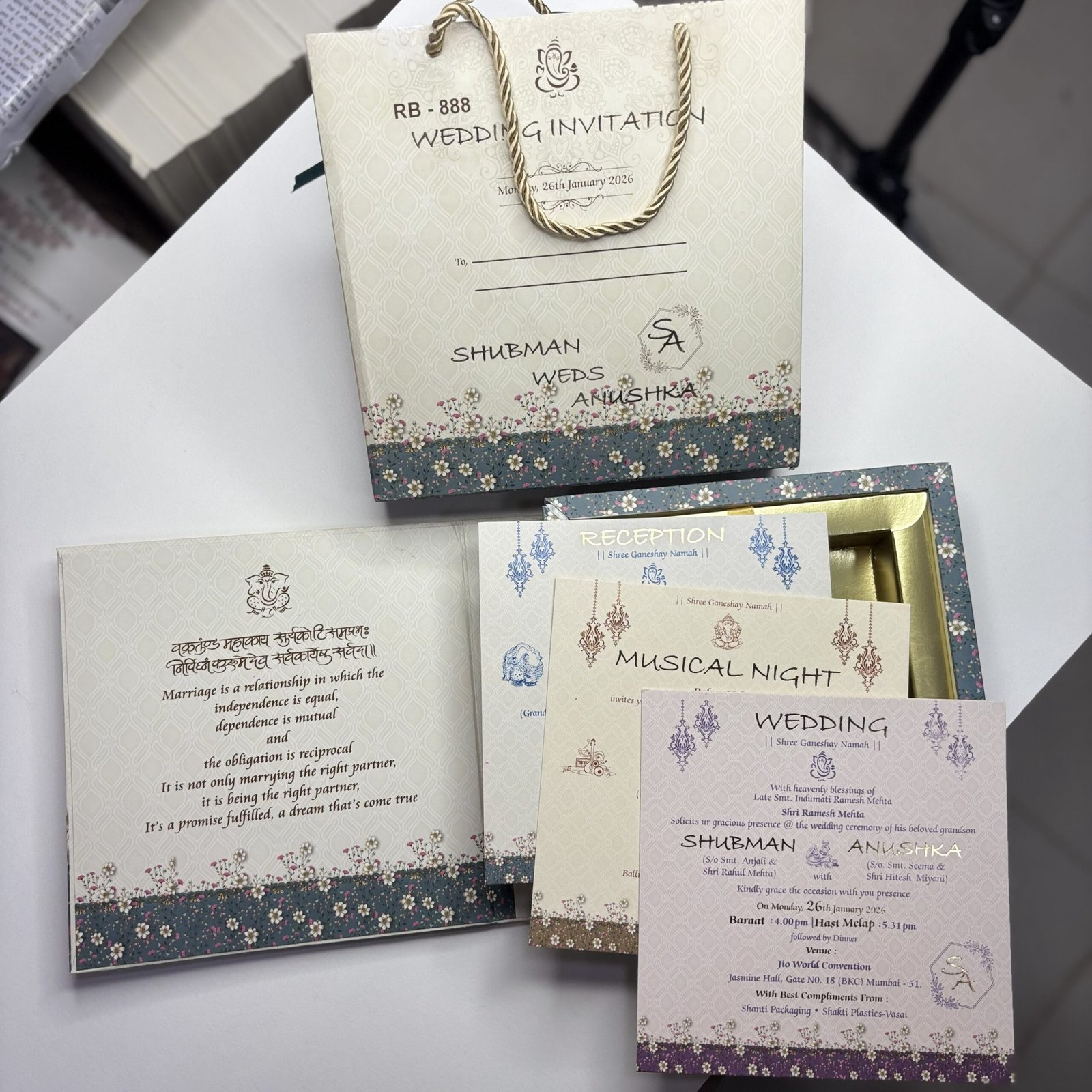 Modern Invitation Box Set with Multi Inserts & Carry Bag – Elegant Floral Collection