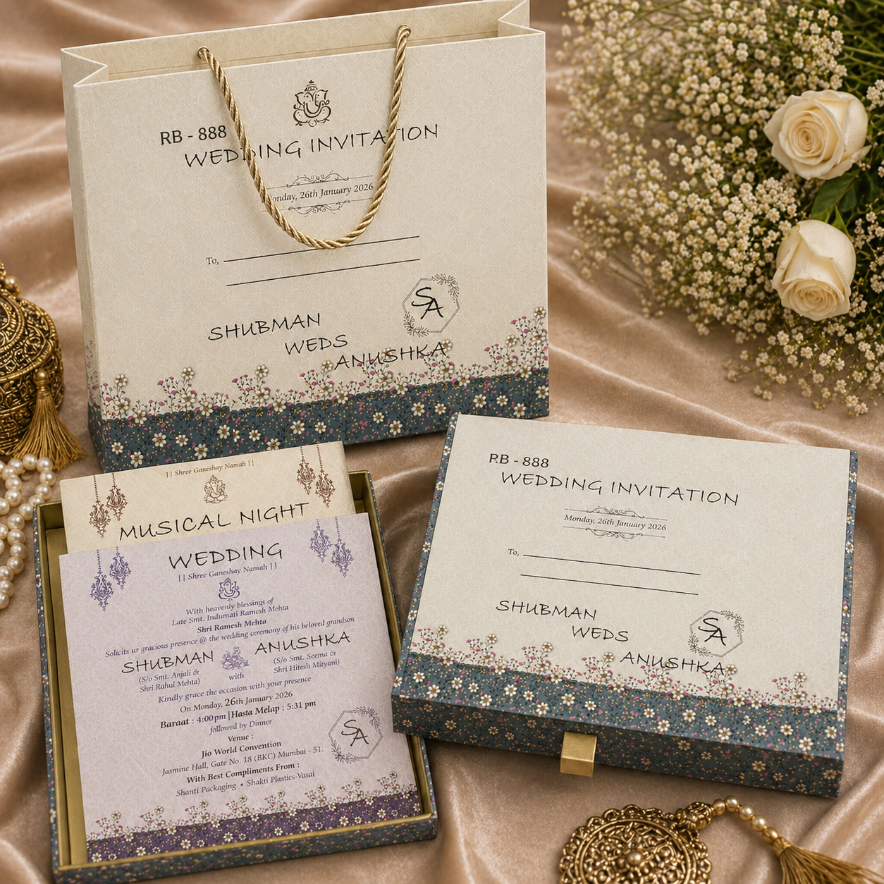 Modern Invitation Box Set with Multi Inserts & Carry Bag – Elegant Floral Collection
