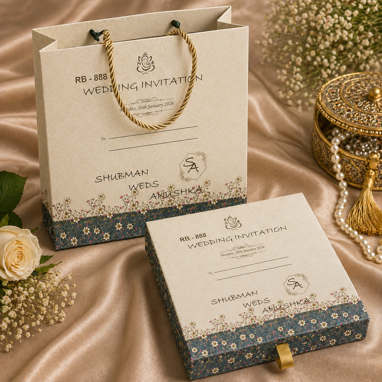 Modern Invitation Box Set with Multi Inserts & Carry Bag – Elegant Floral Collection