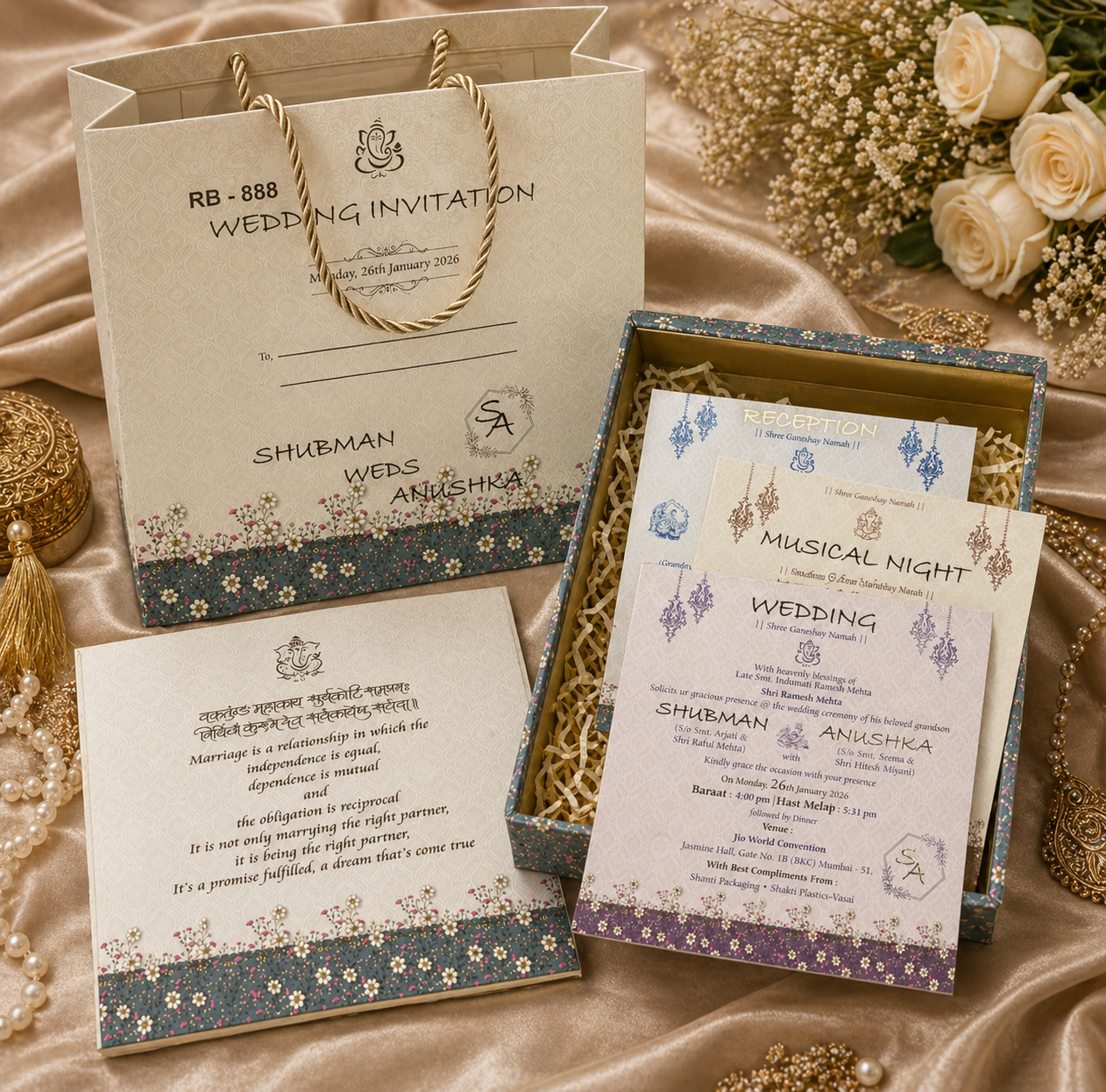 Modern Invitation Box Set with Multi Inserts & Carry Bag – Elegant Floral Collection