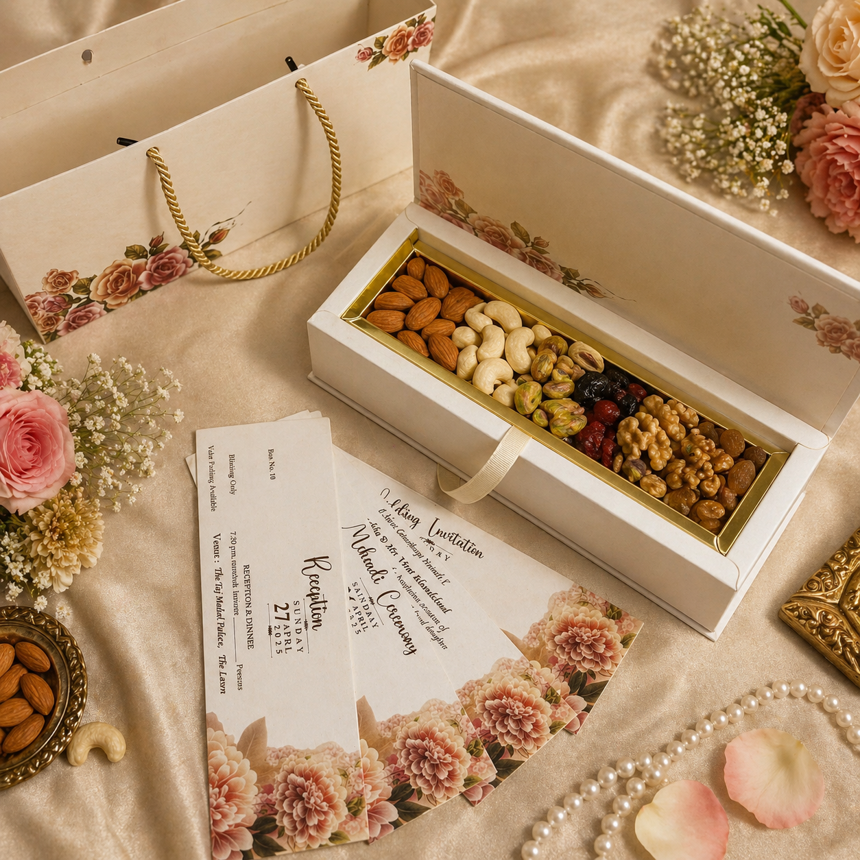 Modern Invitation Box Set with Multi Inserts & Carry Bag – Elegant Rose Slim Collection Open