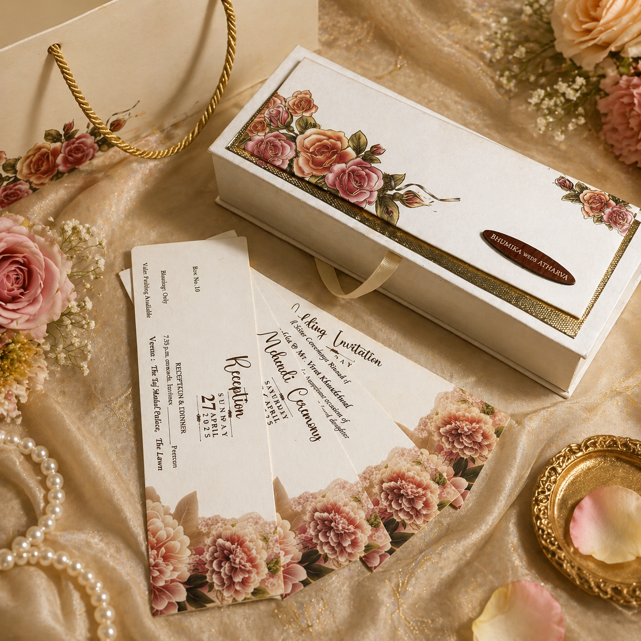 Modern Invitation Box Set with Multi Inserts & Carry Bag – Elegant Rose Slim Collection