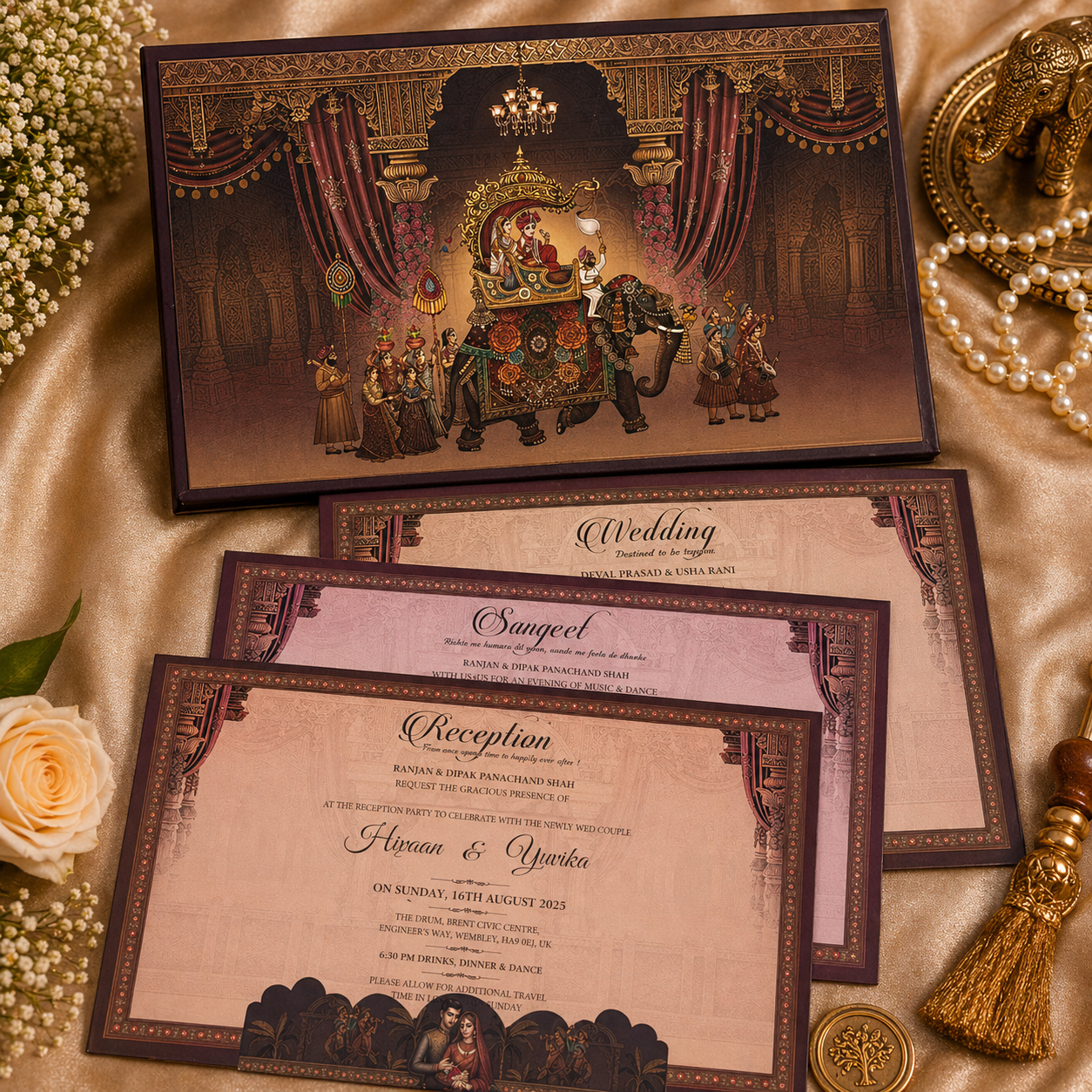 Premium Royal Wedding Invitation Card with Baraat Illustration & Multi-Event Inserts – Regal Heritage Series 2