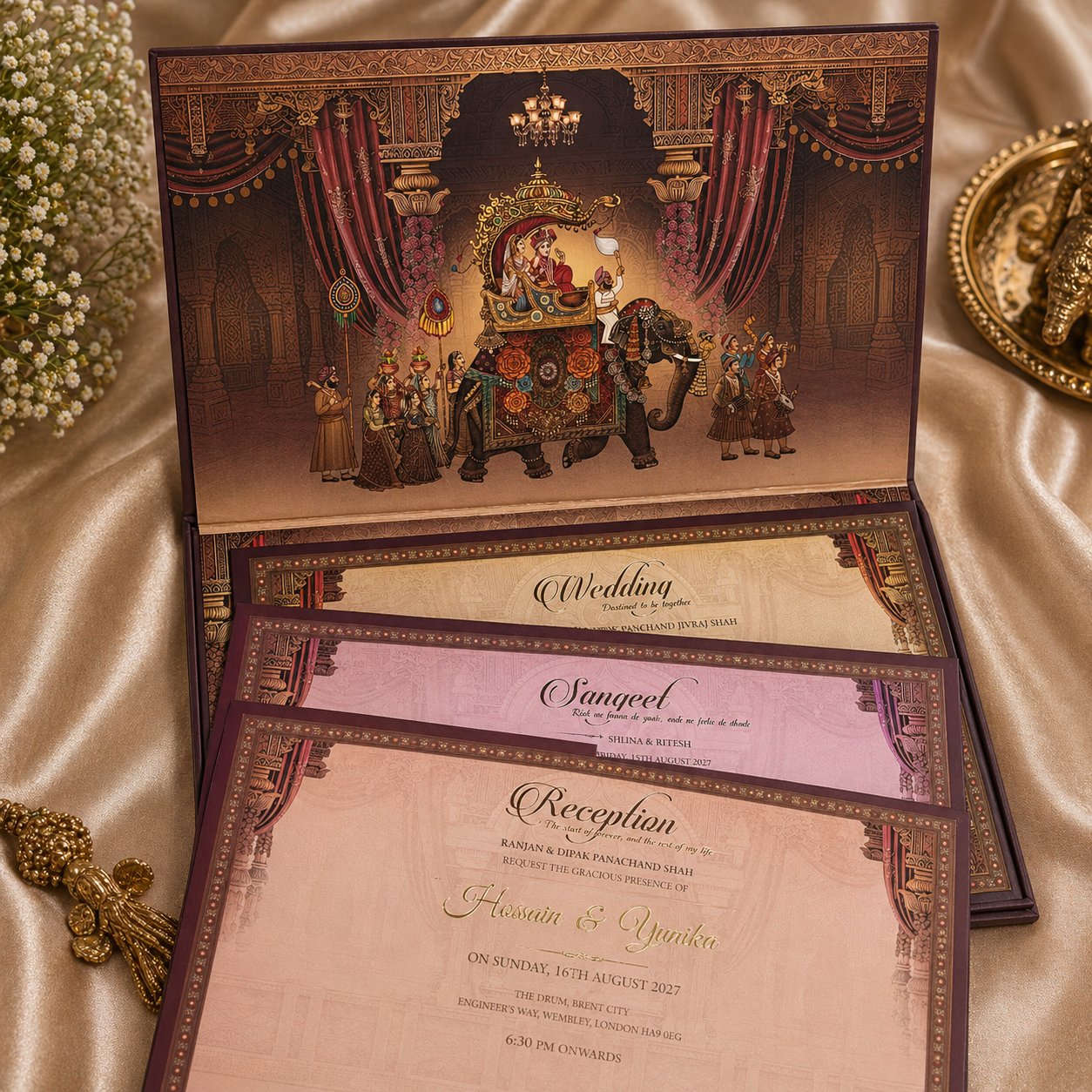Premium Royal Wedding Invitation Card with Baraat Illustration & Multi-Event Inserts – Regal Heritage Series