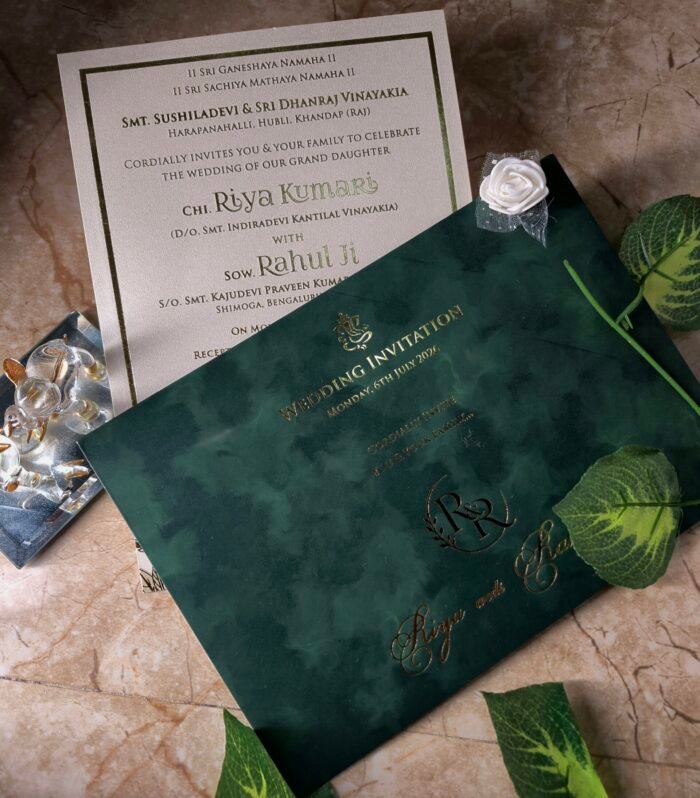 Premium Emerald Green Wedding Invitation with Gold Foil Designer Envelope