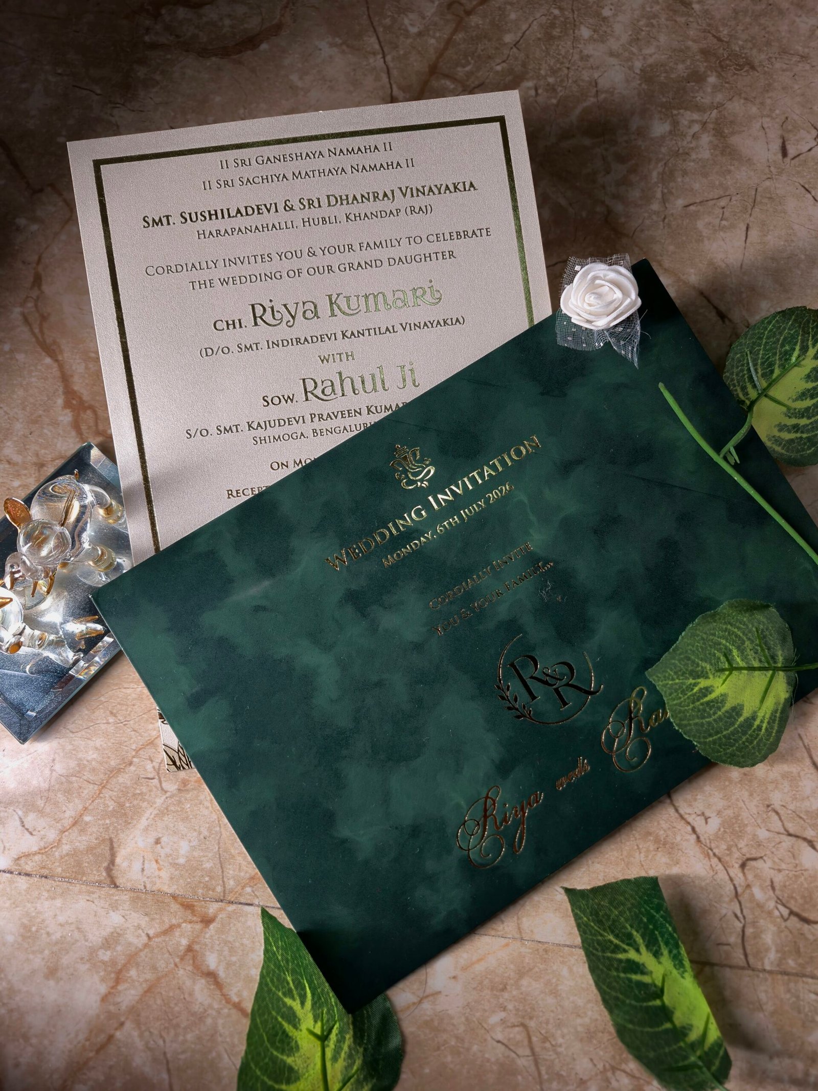 Premium Emerald Green Wedding Invitation with Gold Foil Designer Envelope