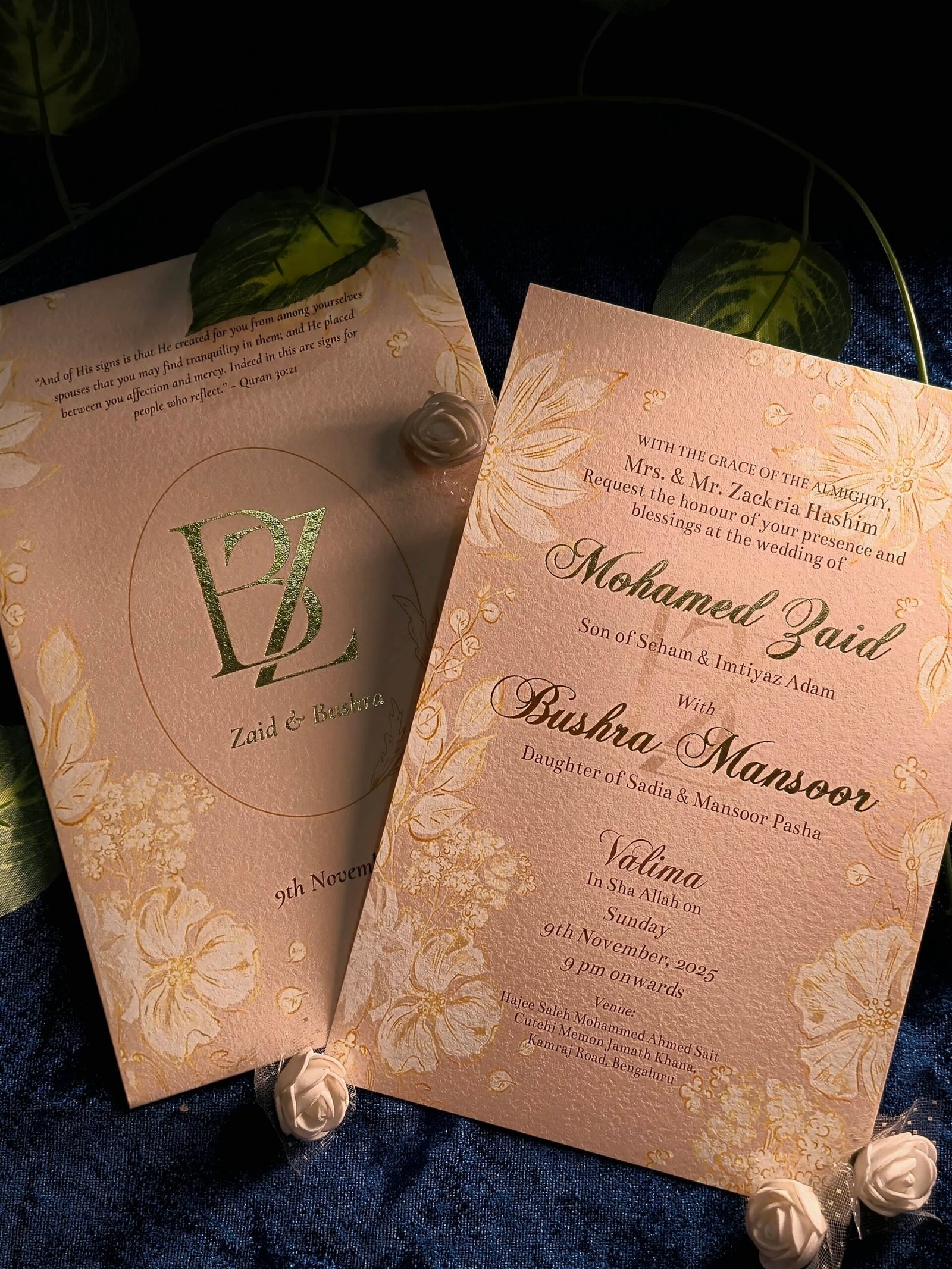 Luxury Floral Muslim Wedding Invitation with Gold Foil Monogram Sleeve