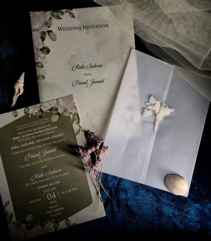Elegant Floral Muslim Wedding Invitation with Vellum Envelope & Dried Flower Seal