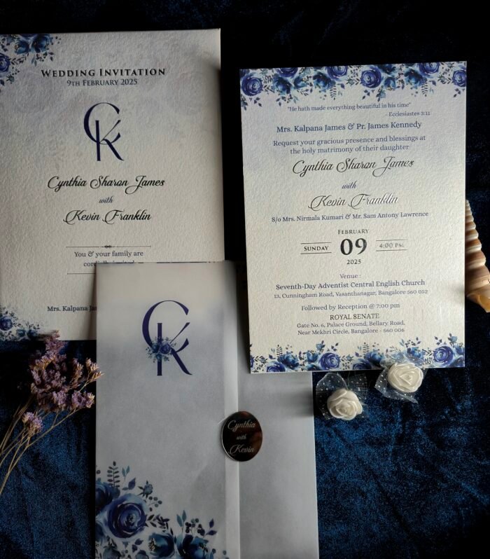 Elegant Blue Floral Christian Wedding Invitation Set | Premium Floral Wedding Card