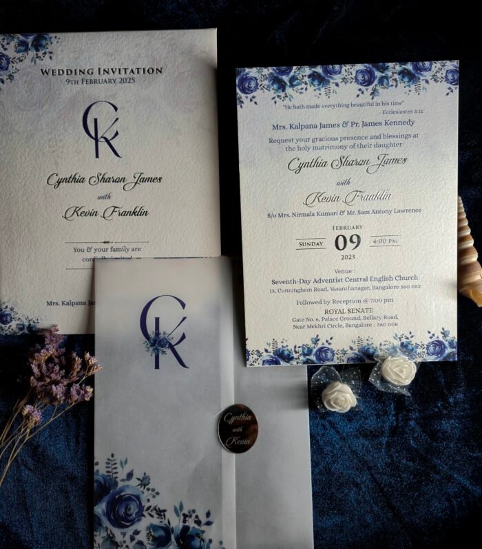 Elegant Blue Floral Christian Wedding Invitation Set | Premium Floral Wedding Card