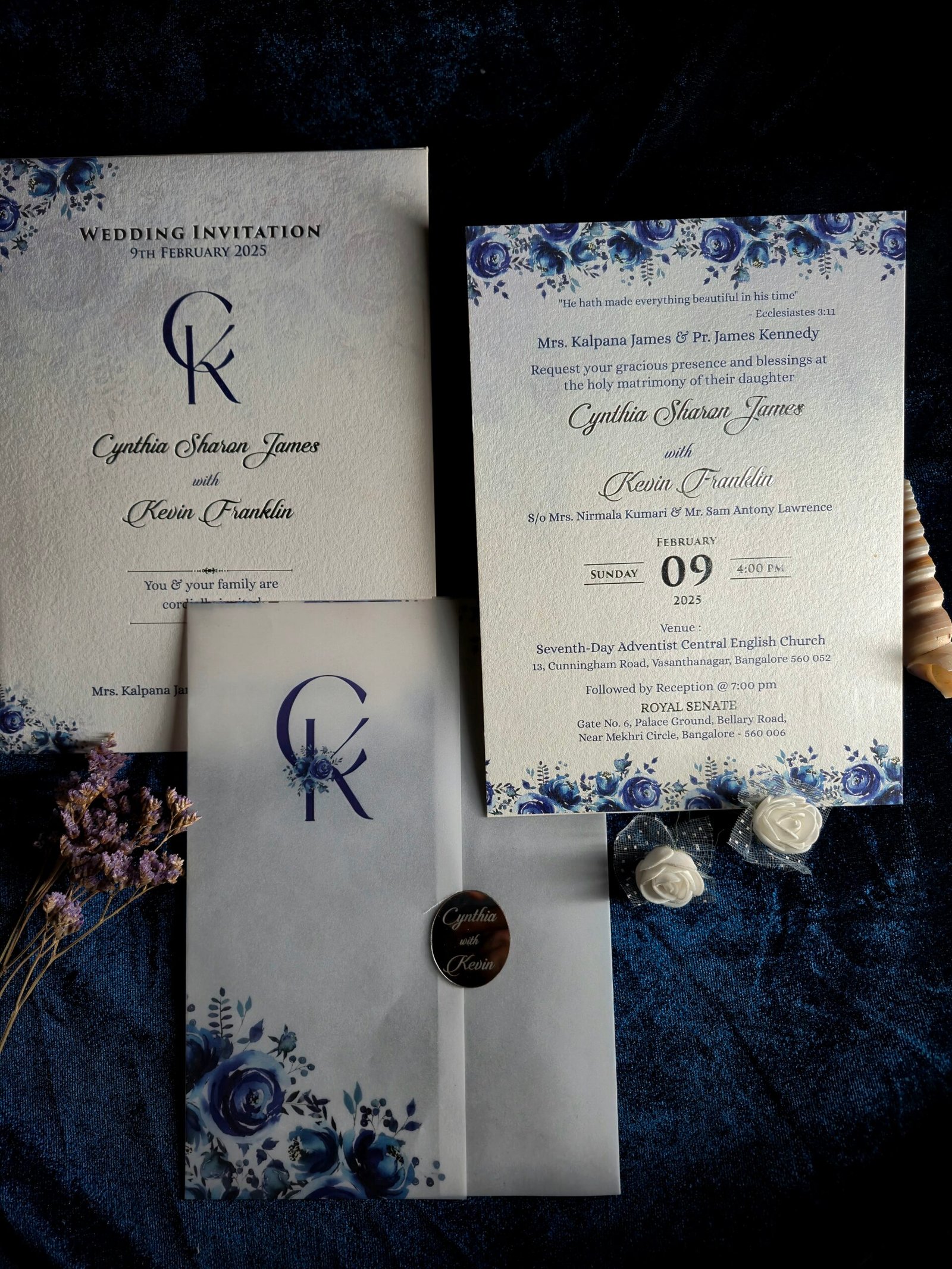 Elegant Blue Floral Christian Wedding Invitation Set | Premium Floral Wedding Card