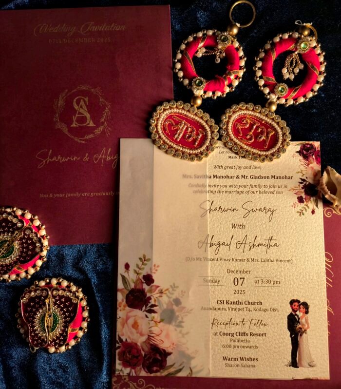 Burgundy Floral Christian Wedding Invitation Suite | Premium Textured Wedding Card with Vellum Jacket