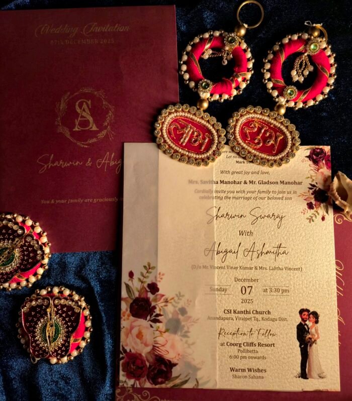 Burgundy Floral Christian Wedding Invitation Suite | Premium Textured Wedding Card with Vellum Jacket