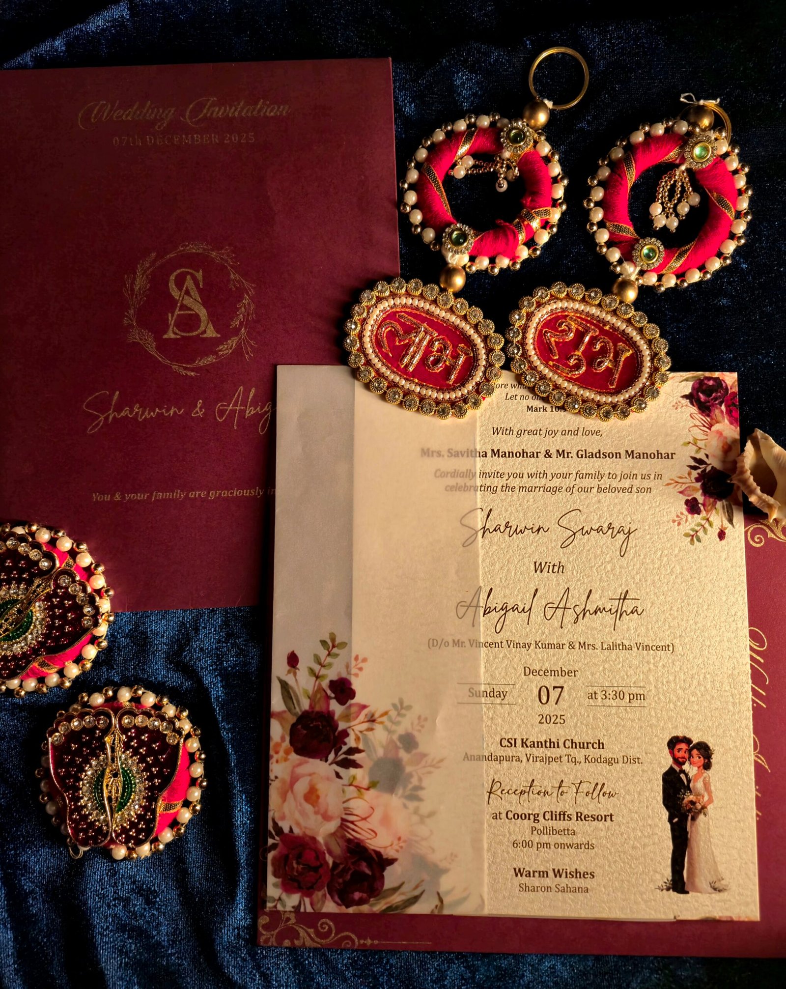Burgundy Floral Christian Wedding Invitation Suite | Premium Textured Wedding Card with Vellum Jacket