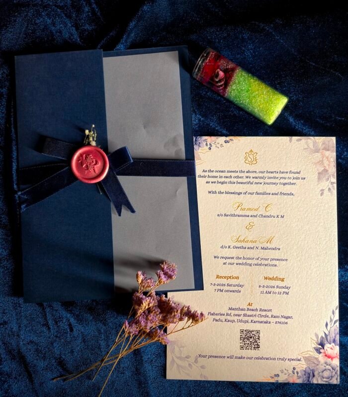 Navy Blue Ribbon Wedding Invitation | Premium Floral Wedding Invitation with Wax Seal Finish1