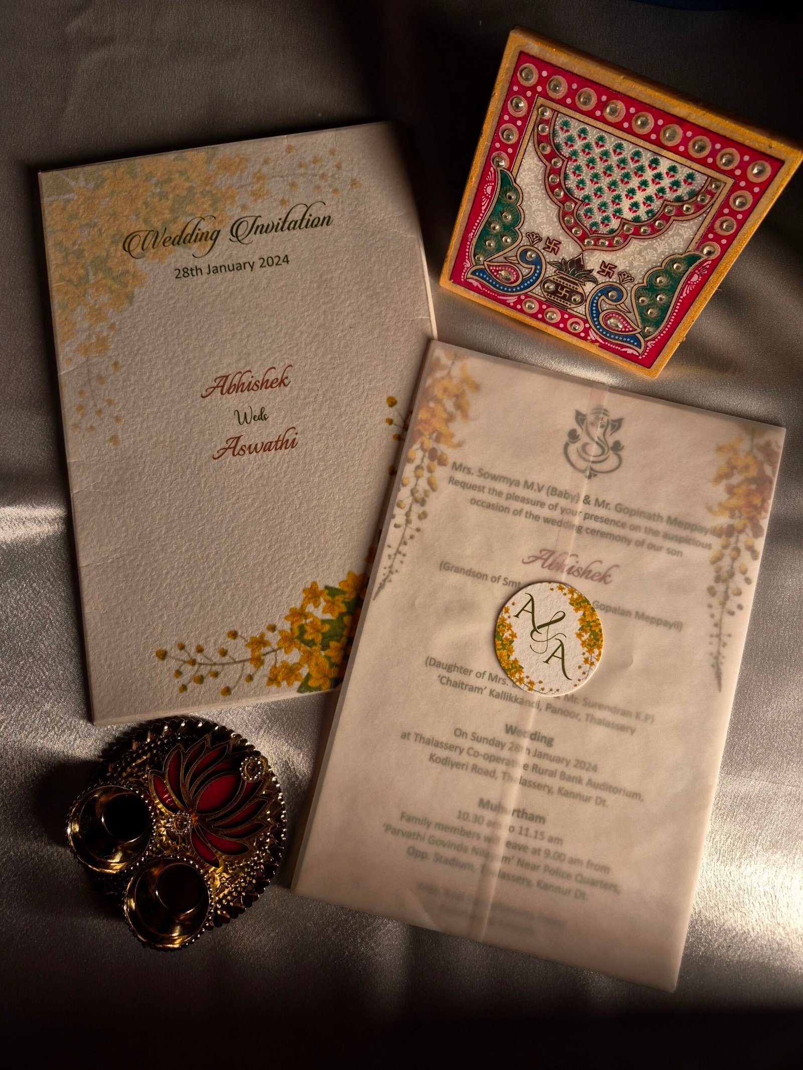Elegant Floral Vellum Wedding Invitation | Premium Textured Invitation with Translucent Wrap & Monogram Seal