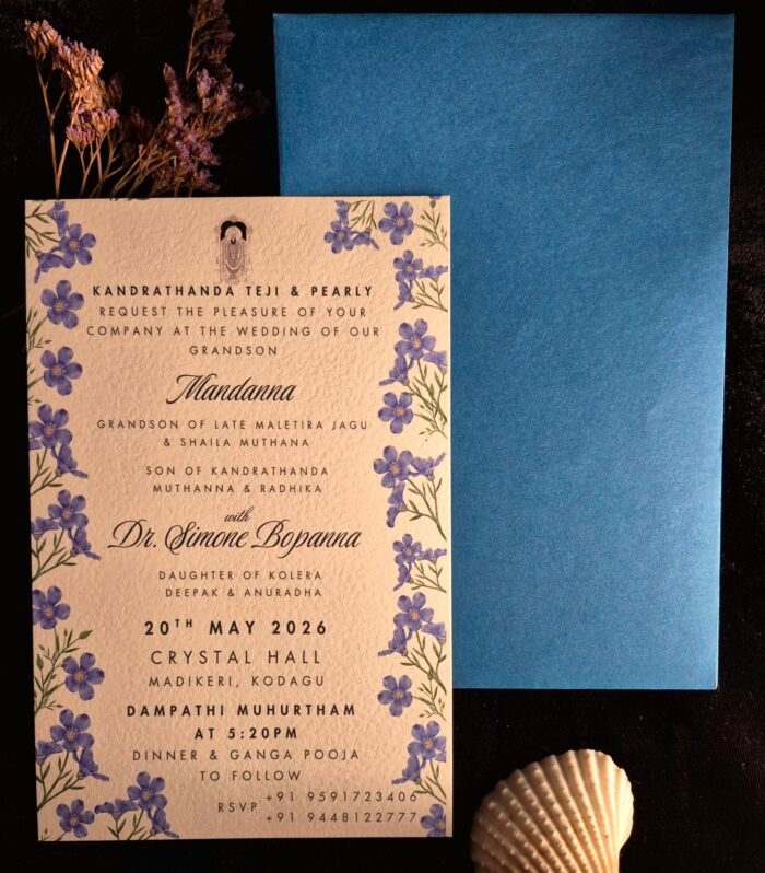 Minimal Blue Floral Wedding Invitation | Premium Textured Single Card with Matching Blue Envelope
