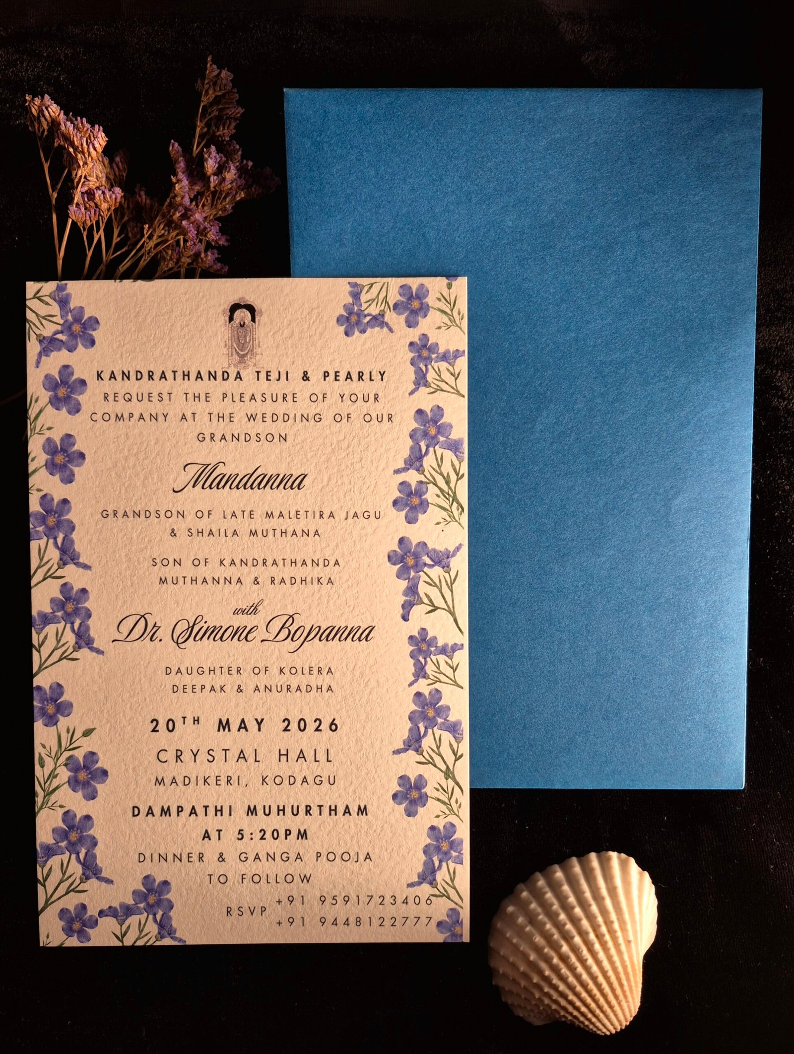 Minimal Blue Floral Wedding Invitation | Premium Textured Single Card with Matching Blue Envelope