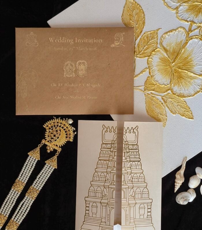 Premium Temple Gopuram Vellum Wedding Invitation with Gold Foil Insert
