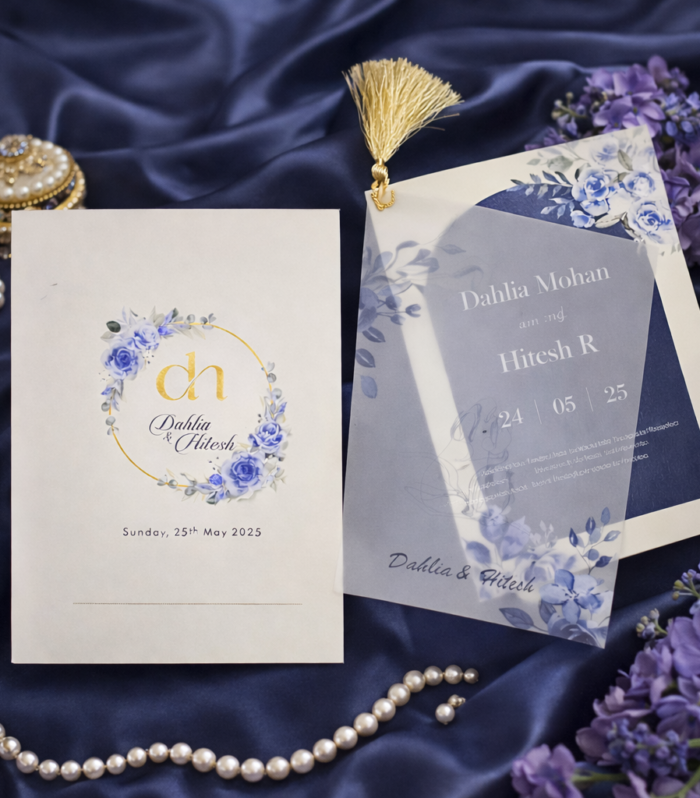 Blue Floral Monogram Wedding Invitation with Vellum Overlay & Tassel Binding