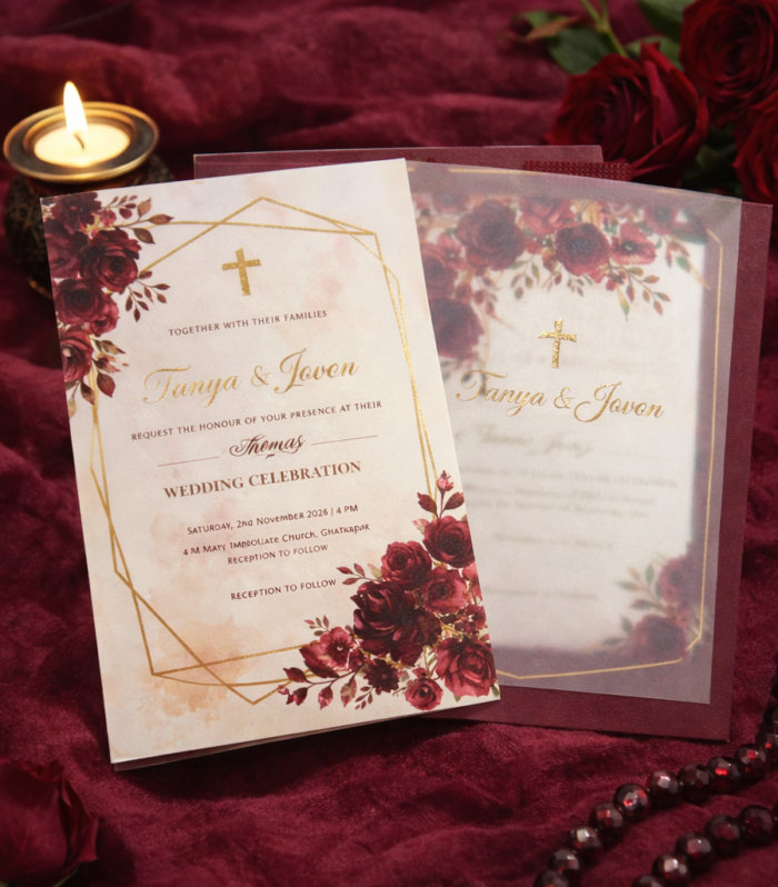 Burgundy Floral Christian Wedding Invitation with Vellum Overlay & Gold Geometric Frame