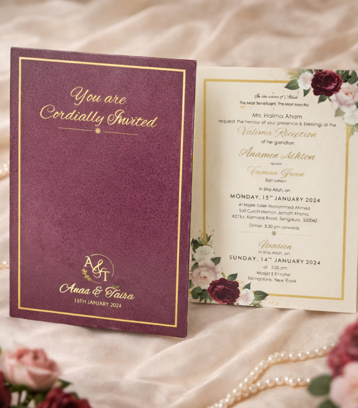 Burgundy & Gold Walima Invitation with Luxe Foil Detailing – Royal Festive Edition