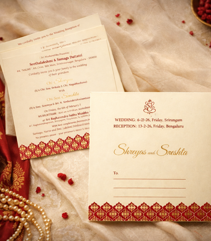 Classic Cream & Maroon Wedding Invitation – Gold Foil Monogram Edition