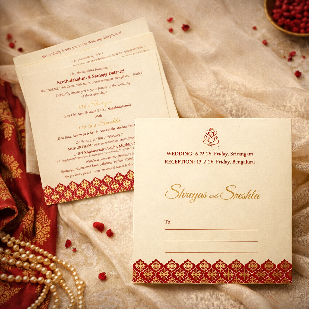 Classic Cream & Maroon Wedding Invitation – Gold Foil Monogram Edition