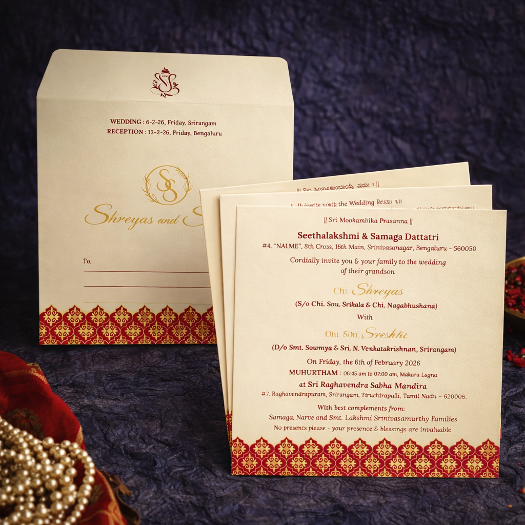 Classic Cream & Maroon Wedding Invitation – Gold Foil Monogram Edition - Image 2