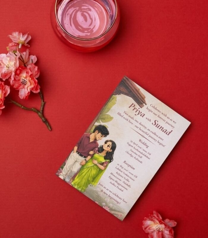 Couple Illustration Wedding Invitation with Vellum Overlay