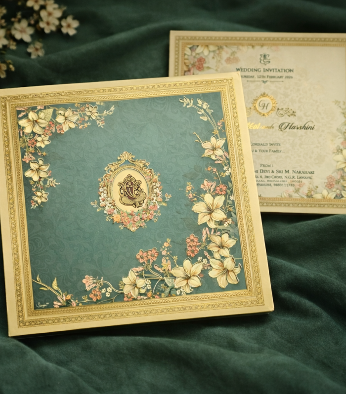 Divine Ganesh Vintage Floral Wedding Invitation Box with Premium Rigid Case – Heritage Blessings Edition